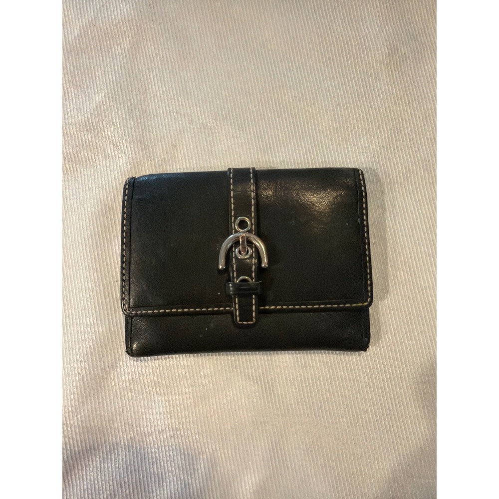 Coach Vintage Black Leather bifold ladies Wallet Buckle Silver Tone
